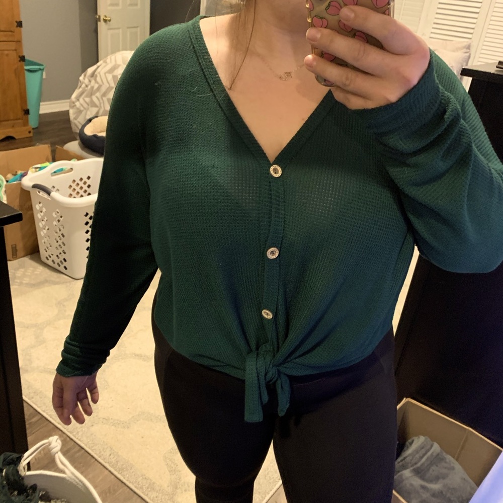 Green long sleeve button tie up top